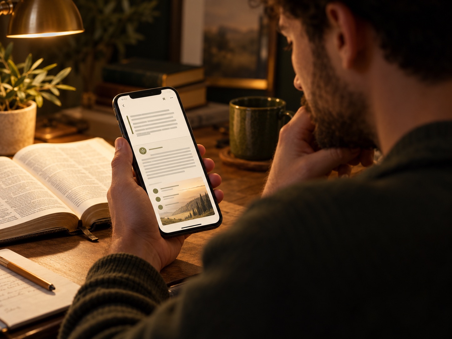 Open Bible on an illuminated study table