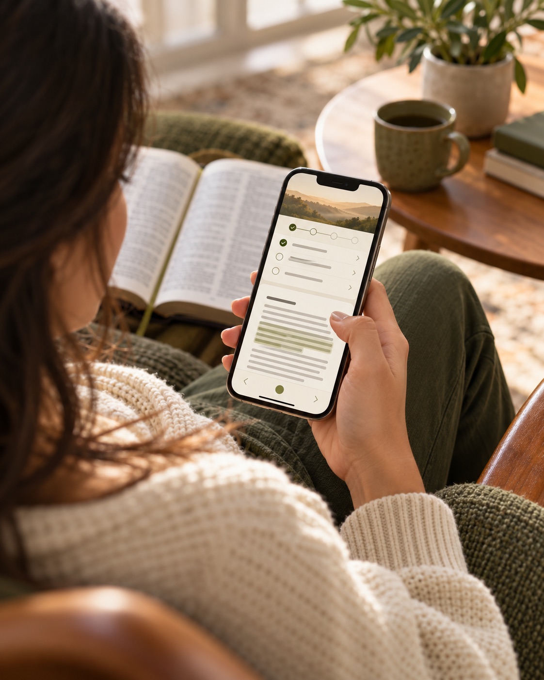 Person reading the Bible beside a reading plan